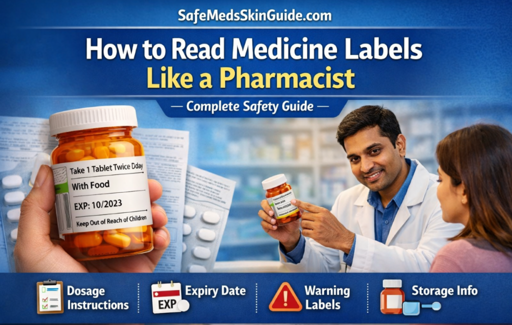 Illustration showing how to read medicine labels including dosage, expiry date, warnings and storage instructions explained by a pharmacist